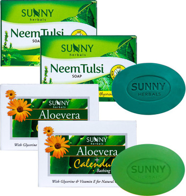 Sunny Herbals Aloevera & Calendula Bathing Bar-(75gmx2 pcs) and Neem Tulsi Soap-(75gmx2 pcs)(4 x 75 g)