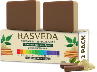 Rasveda Multani Mitti Magic Soap | Natural Tan Removal Bar with Free pH test kit(2 x 100 g)