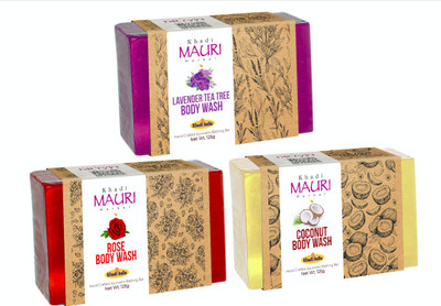 Khadi Mauri Herbal Handmade Soaps Combo (Lime Lavender-Tea Tree, Rose & Coconut), 125 g Each(3 x 125 g)