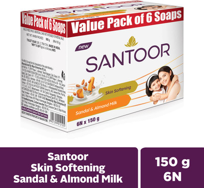 Santoor by Wipro Skin Softening Sandal & Almond Milk Bathing Bar Soap For Soft & Youthful Skin(6 x 150 g)