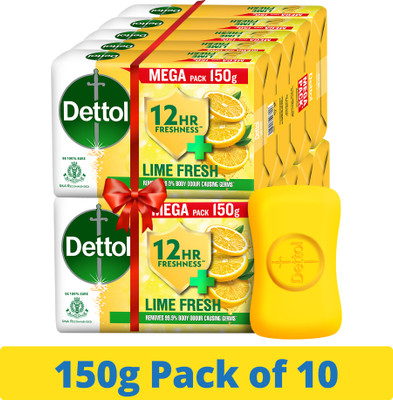 Dettol Lime Fresh (Lime Cool) Bathing Soap Bar with 12hr Freshness,150g x 5 (Pack of 2)(10 x 150 g)