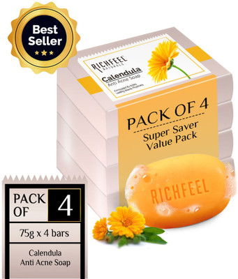 RICHFEEL Calendula Anti-Acne Soap For Acne skin & Blemishes 75g | (Pack of 4)(4 x 18.75 g)