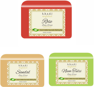 KHADI MEGHDOOT Rose, Sandal and Neem Tulsi Organic Handmade Body Wash/Soap(3 x 125 g)