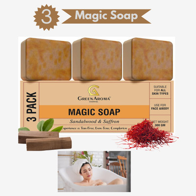 GreenAroma Essential Magic Soap SandalWood And Saffron for DeTan and Glowing Brightening Skin Soap(3 x 100 g)