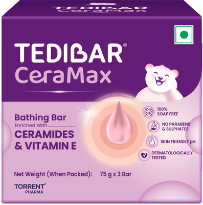 Tedibar Ceramax Bathing Bar |Ceramides & Vitamin E | 100% Soap Free | By Torrent Pharma(3 x 75 g)