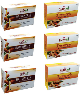 Subaxo Herbal Radiance-X Soap 3 Pc & Haldi Turmeric Soap 3 Pc Each 75 G(6 x 75 g)