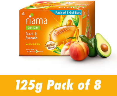 FIAMA Gel Bar Soap Combo, Peach And Avocado, 125gx8, For Moisturized Skin(8 x 125 g)