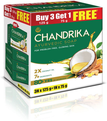 Chandrika by Wipro Ayurvedic Bathing Bar Soap with 2x Coconut Oil & Herbs for Naturally Glowy Skin(3 x 125 g)
