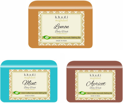 KHADI MEGHDOOT Lemon, Mint and Apricot Organic Homemade Body Wash/ Refreshing Soap(3 x 125 g)