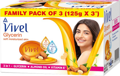 Vivel Glycerin Bathing Bar Soap with Pure Almond Oil & Vitamin E(3 x 125 g)