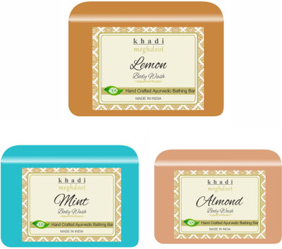 KHADI MEGHDOOT Lemon, Mint and Almond Organic Homemade Body Wash/ Refreshing Soap(3 x 125 g)