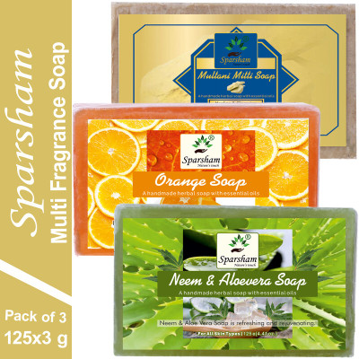 SPARSHAM Handmade 3 MULTI Fragrance Herbal Soaps for Glowing & Moisturize Skin Men Women(3 x 125 g)