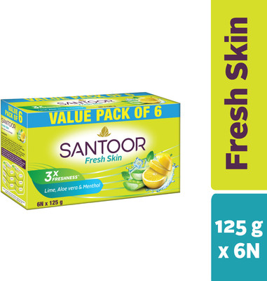 Santoor by Wipro Fresh Skin Aloe Vera & Lime Bathing Bar Soap For Soft & Youthful Skin(6 x 125 g)