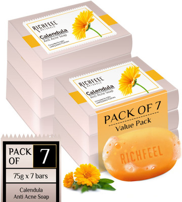 RICHFEEL Calendula Anti-Acne Soap|For Acne & Blemishing|75g (Pack of 7)(7 x 10.71 g)
