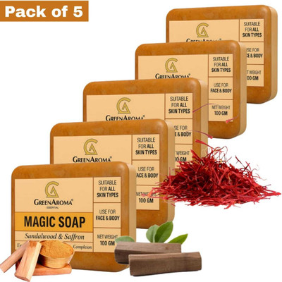 GreenAroma Essential Ghar Magic Soaps Sandal Wood And Saffron Soap For Glowing Skin (5 x 100 g)(5 x 100 g)