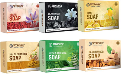 SEDROVEIL Premium Herbal Bathing Bar Combo – 6 Handmade Soaps Kesar, Lily Charcoal,Lime(6 x 95 g)