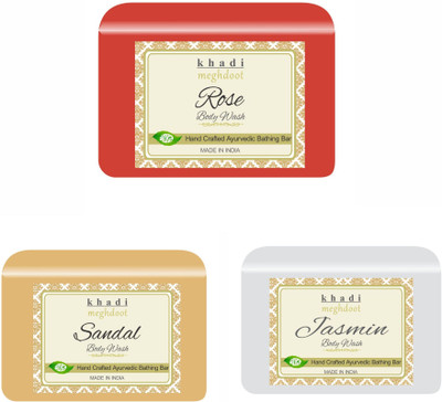 KHADI MEGHDOOT Rose, Sandal and Jasmine Organic Handmade Body Wash/Soap(3 x 125 g)