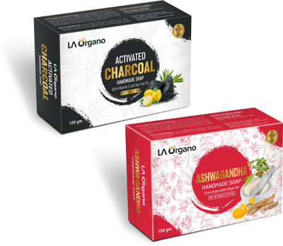 LA Organo Activated Charcoal & Ashwagandha Natural Handmade Bath Soap(2 x 100 g)
