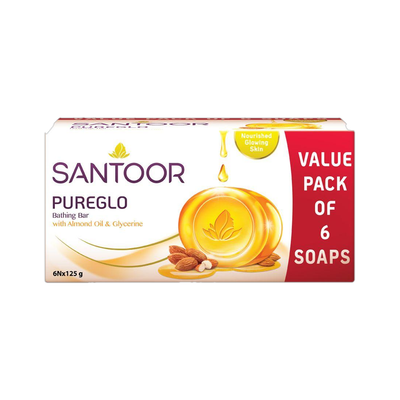 Santoor PureGlo Glycerine Bathing Bar Soap with Almond Oil for Nourished & Glowing Skin(6 x 125 g)