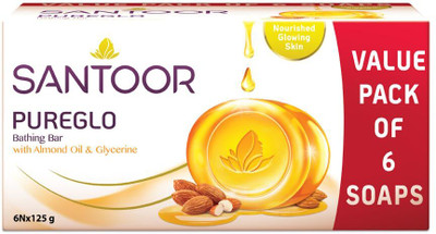Santoor PureGlo Glycerine Bathing Bar Soap with Almond Oil for Nourished & Glowing Skin(6 x 125 g)