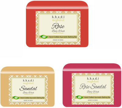 KHADI MEGHDOOT Rose Sandal Organic Handmade Body Wash/Soap(3 x 125 g)