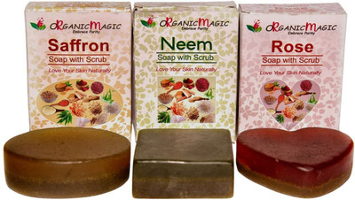 oRganicMagic Rose, Neem & Saffron Scrubbing soap|14 Natural Ingredients|Natural Glow(3 x 100 g)