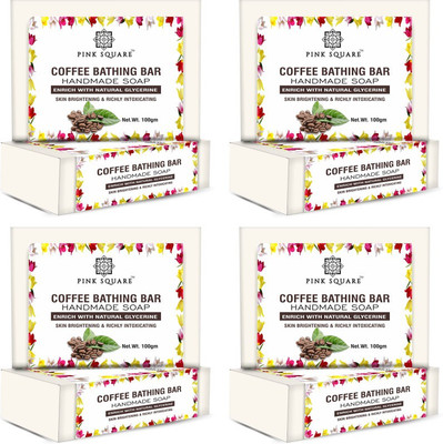 Pink Square Handmade Coffee Bathing Bar Soap Enrich with Cocoa Butter Pack of 4 of 100gms(4 x 100 g)