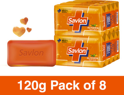 Savlon Glycerin Soap Bar with Protection, Natural Origin Glycerin, 120g Combo Pack(8 x 120 g)