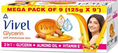 Vivel Glycerin Bathing Bar Soap for Moisturized Skin with Pure Almond Oil & Vitamin E(9 x 125 g)
