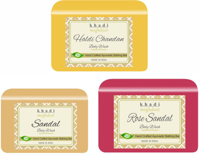 KHADI MEGHDOOT Haldi Chandan, Sandal and Rose Sandal Organic Homemade Body Wash/Refreshing Soap(3 x 125 g)