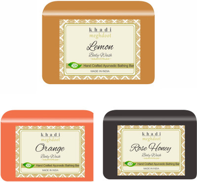 KHADI MEGHDOOT Lemon, Orange and Rose Honey Organic Homemade Body Wash/ Refreshing Soap(3 x 125 g)