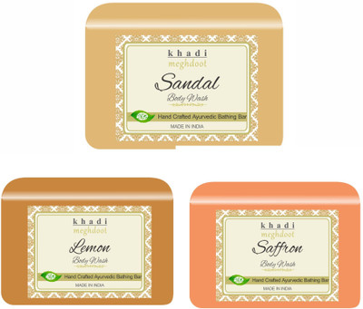 KHADI MEGHDOOT Sandal, Lemon and Saffron Organic Homemade Body Wash/ Refreshing Soap(3 x 125 g)