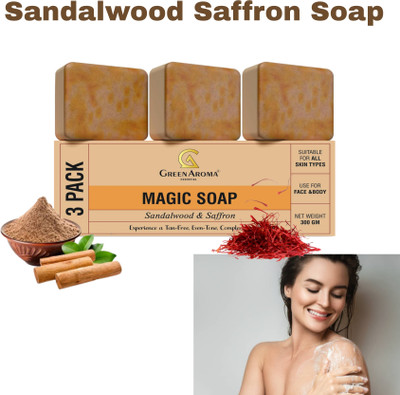 GreenAroma Essential Magic Soap Sandal Wood And Saffron for DeTan Glowing Brightening Tan Remove Skin(3 x 100 g)