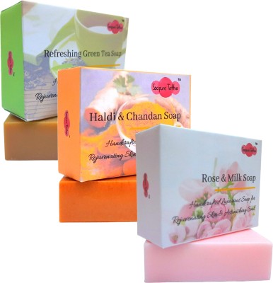 Soapure Tattva Handmade Herbal Soaps for Natural Skin Care Combo Pack - Refreshing Green Tea, Haldi & Chandan and Rose & Milk Soap (Pack of 3)(3 x 125 g)