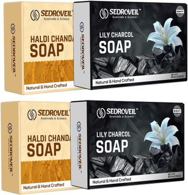 SEDROVEIL Lily Charcoal & Haldi Chandan Soap Combo | Natural Handcrafted Ayurvedic Soaps(4 x 95 g)