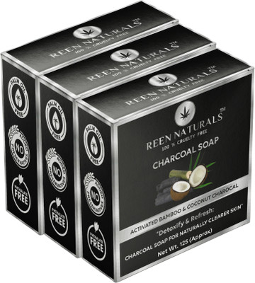 REEN NATURALS PACK OF 3 Charcoal Soap for Detoxify & Refresh your Skin | Handmade Soap(3 x 125 g)
