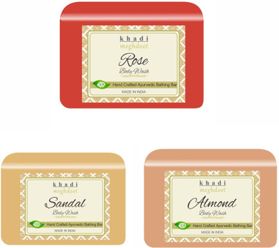 KHADI MEGHDOOT Rose, Sandal and Almond Organic Handmade Body Wash/Soap(3 x 125 g)