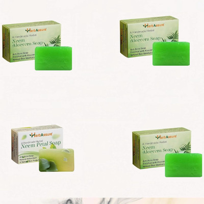 HERBASSURE Handmade 3 Neem Aloevera Soap, 1 neem petal soap Anti-Acne 4 Piece(4 x 100 g)