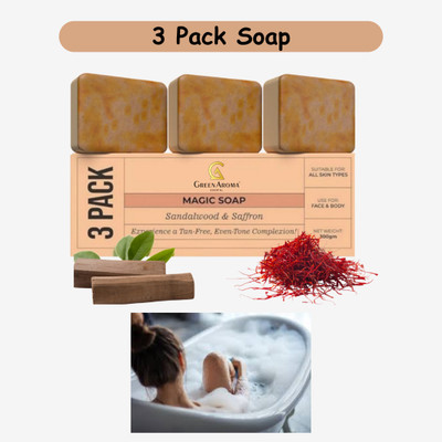 GreenAroma Essential Magic Soap Sandal Wood And Saffron for De Tan and Glowing Skin (3x100 g)(3 x 100 g)