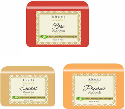 KHADI MEGHDOOT Rose, Sandal and Papaya Organic Handmade Body Wash/Soap(3 x 125 g)