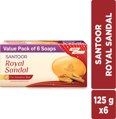 Santoor by Wipro Royal Sandal Bathing Soap with Sandalwood Oil & Chamomile Oil for Sensitive Skin(6 x 125 g)