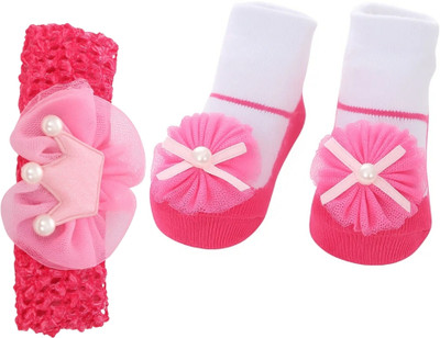 Neska Moda 0 to 1 Year Newborn Baby Headband and Socks Combo(Pink)