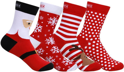 Supersox Christmas Crew Length Socks Collection Unisex for Men & Women Pack of 4 (Santa, Reindeer, Snow Flakes & Polka dots) Men & Women Mid-Calf/Crew(Pack of 4)