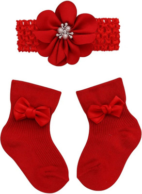 Neska Moda 0 to 1 Year Newborn Baby Headband and Socks Combo(Red)