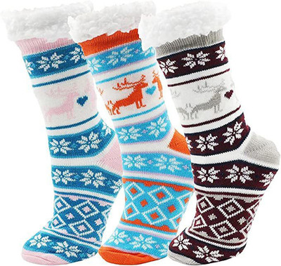 HRBS Winter Wool Glacier inside heavy Fur Socks With Random color & Pattern Pack of 3 Men & Women Printed Calf Length(Pack of 3)