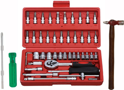 Digital Craft 1/4 Inch Socket Set 46Pc,Hammer 200 gm,6Inch 2 In 1 Screw Driver, Socket Set(Pack of 46)