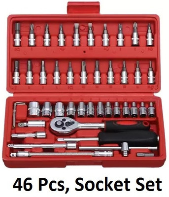 4MECH 46 Pcs, Hardened and Tempered, Chrome Vanadium Steel, Multipurpose with Ratchet Socket Set(Pack of 46)