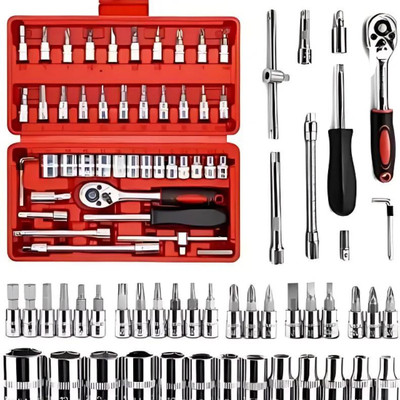joyfuljunction 46pcs 1/4-Inch Socket Set Tool Ratchet Torque Wrench Combo Tools Kit Car Repair Socket Set(Pack of 1)