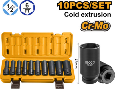 INGCO 10 pcs 1/2 inch deep impact HKISSD12102L Socket Set(Pack of 1)