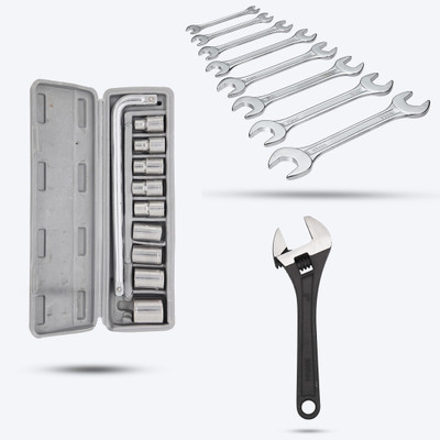 Hillgrove HGCM408M1 10Pcs Hex Socket Set with Adjustable Wrench, 8Pcs Double Open Wrench Socket Set(Pack of 10)